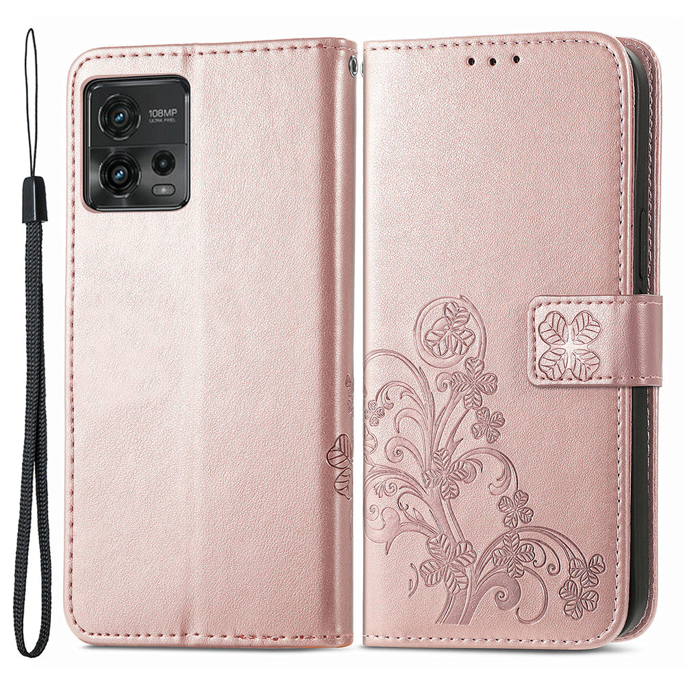For Motorola Moto G72 4G Four-leaf Clover Imprinted Phone Case Stand Wallet PU Leather Scratch-resistant Cell Phone Cover with Wrist Strap For Motorola Moto G72 4G Four-leaf Clover Imprinted Phone Case Stand Wallet PU Leather Scratch-resistant Cell Phone Cover with Wrist Strap